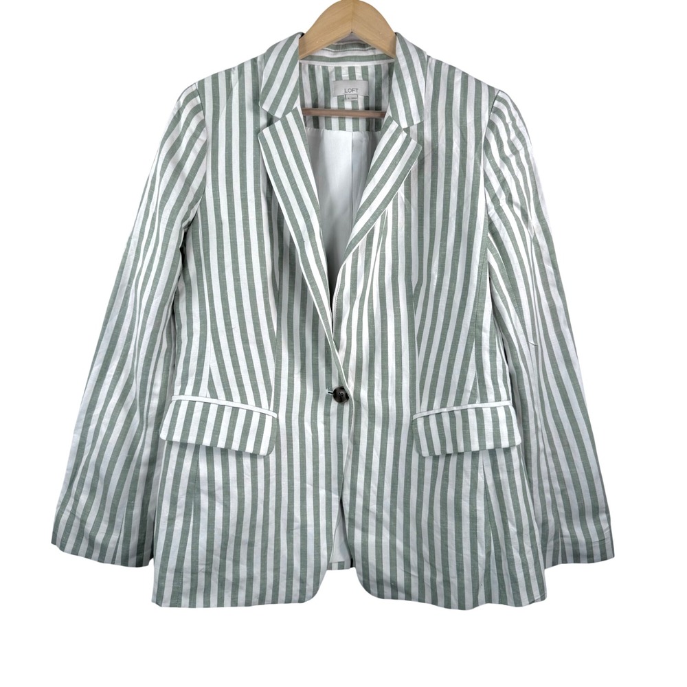 LOFT Sage Green White Striped Linen Blend Blazer money classic preppy 90s Size 8